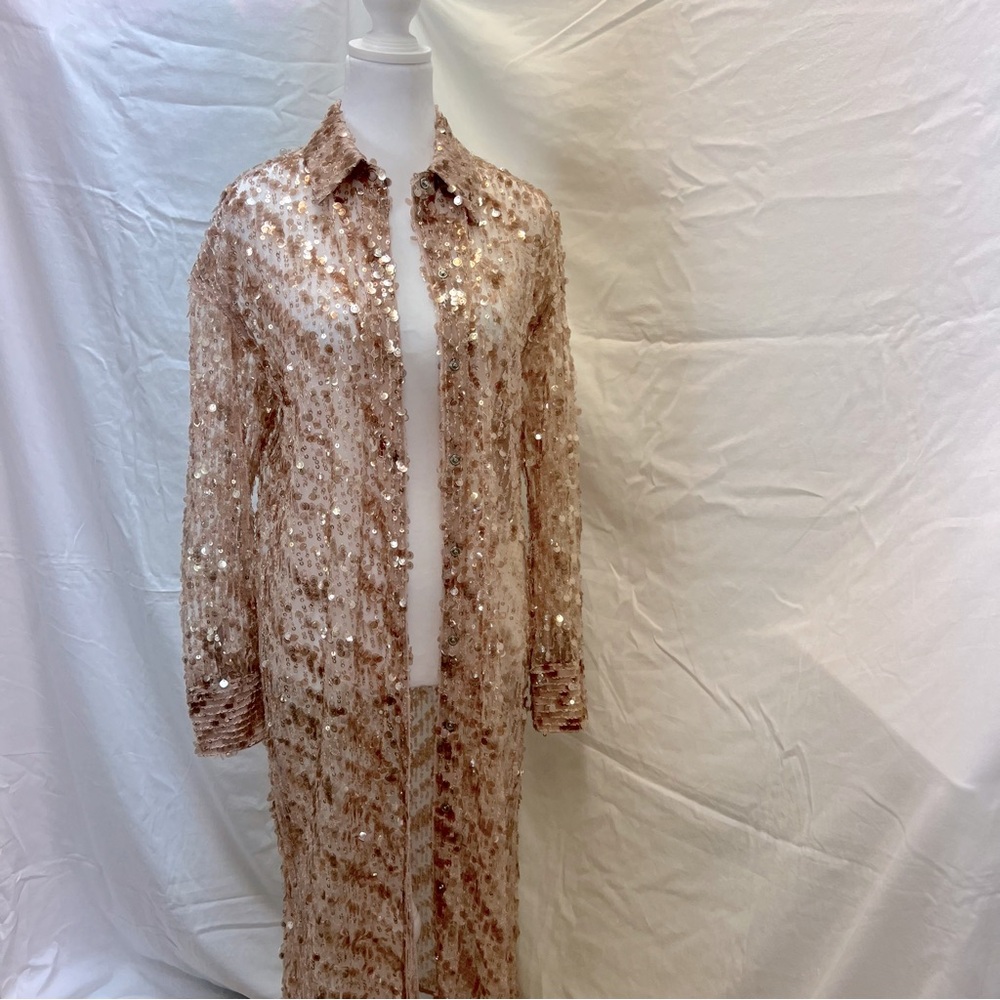 ZARA rose gold sequin collared duster with snap-up front. - Picture 13 of 15